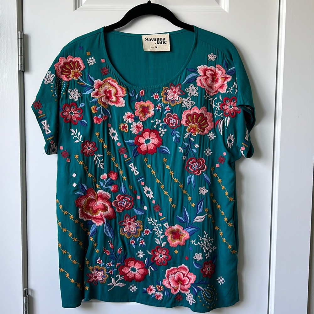 Turquoise Embroidered Savannah Jane Top Size M
